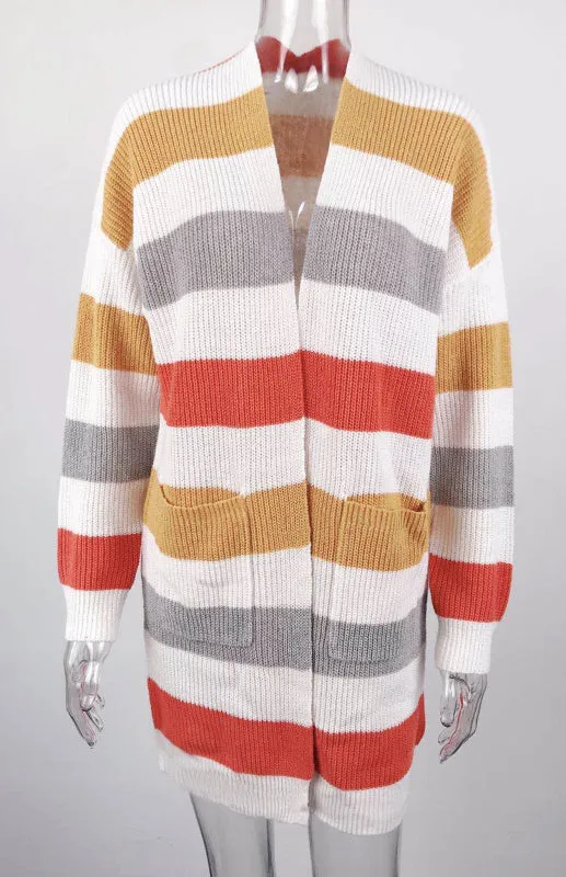 Jody Ladies Casual Fashion Striped Contrast Knit Cardigan