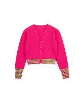 Knit Puff Sleeve Trimmed Cardigan