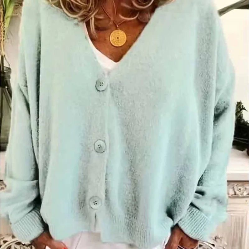 Knitted Long Sleeve Single Breasted V Neck Cardigan