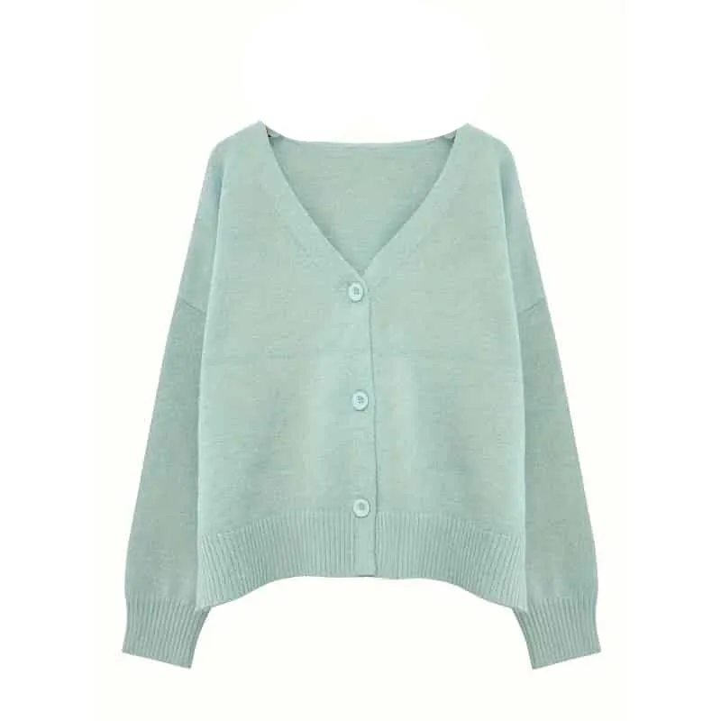 Knitted Long Sleeve Single Breasted V Neck Cardigan