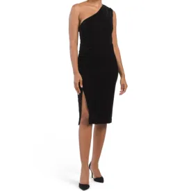 Laundry By Shelli Segal Velvet One Shoulder Side Slit Cocktail Midi Dress