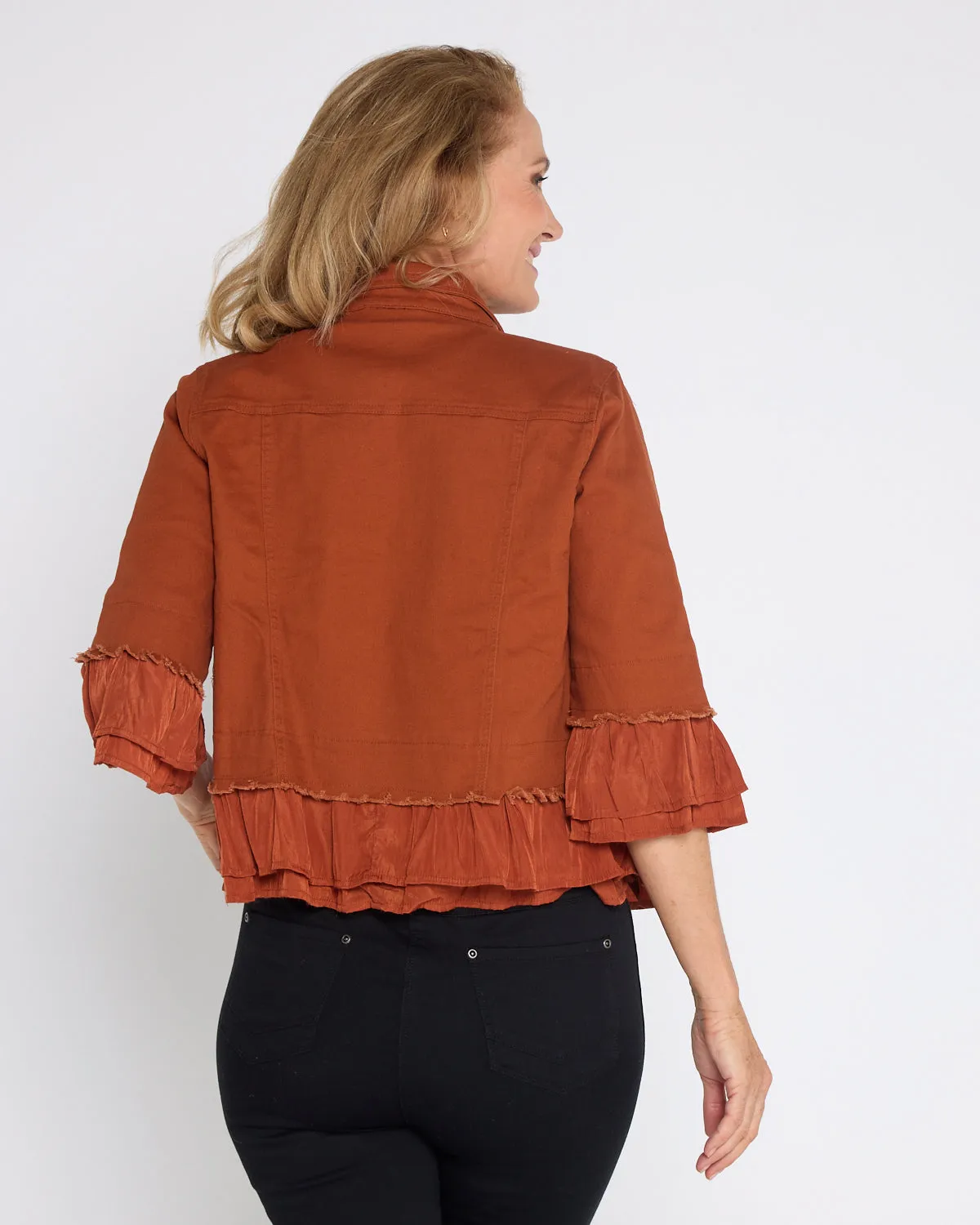 Leelah Cropped Ruffle Denim Jacket - Rust