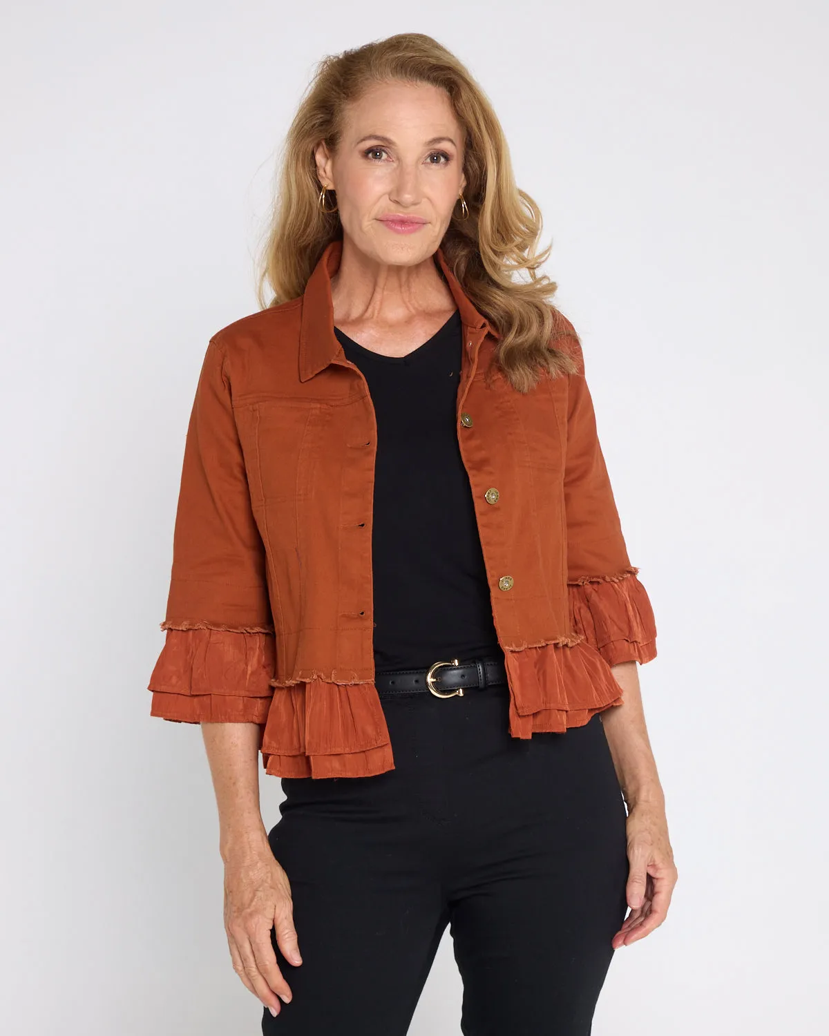 Leelah Cropped Ruffle Denim Jacket - Rust