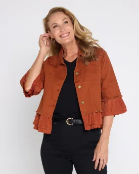 Leelah Cropped Ruffle Denim Jacket - Rust