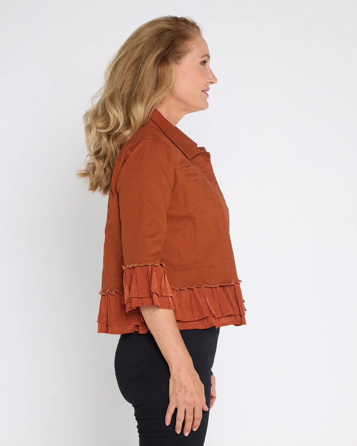 Leelah Cropped Ruffle Denim Jacket - Rust