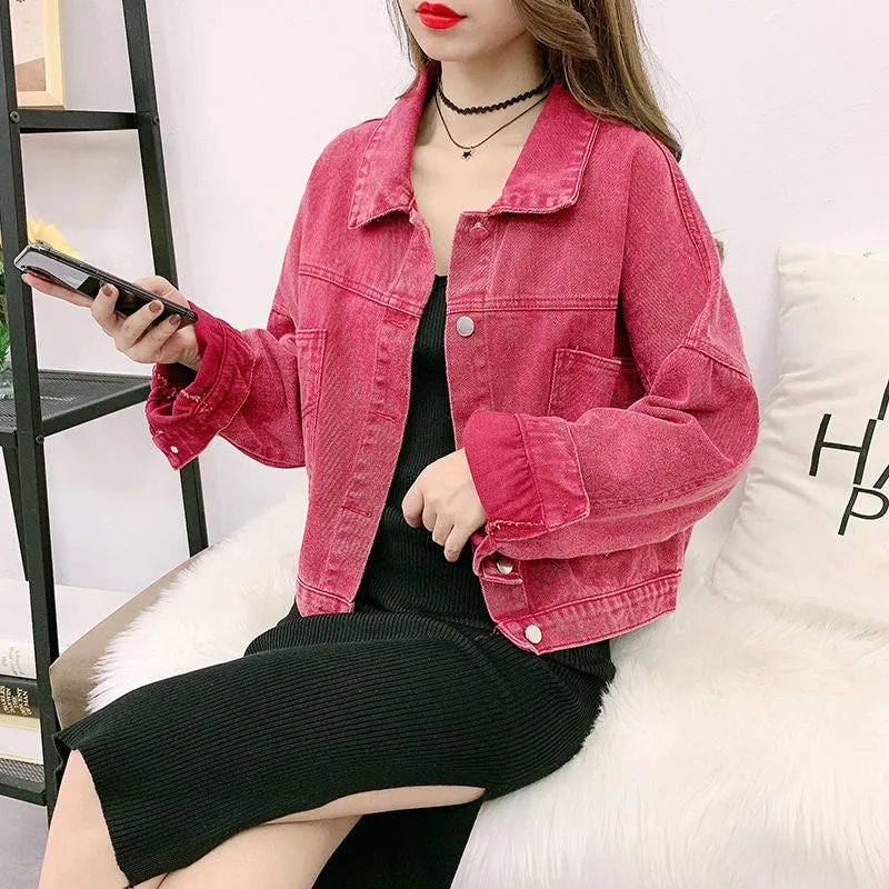 Long Sleeve Cropped Colorful Denim Jacket