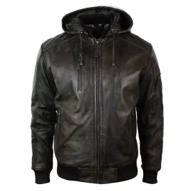 Men's Brown Washed Distressed Removable Hood Bomber Leather Jacket Quilted