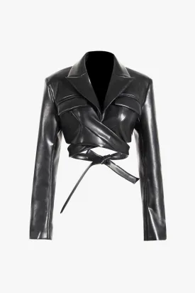 Moto Lapel Strong Shoulder Long Sleeve Wrap Faux Leather Biker Jacket