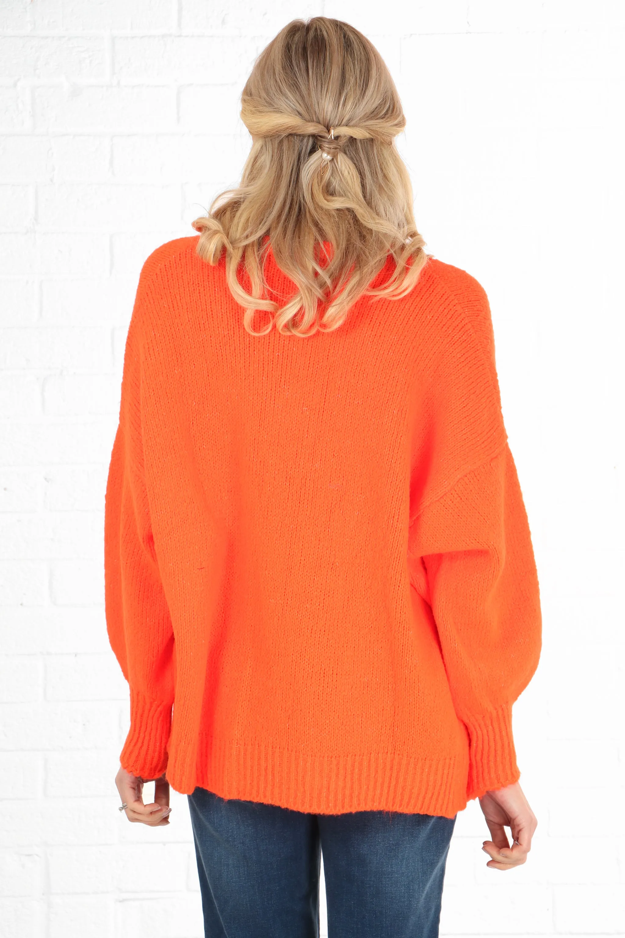 Plain Wool Blend Open Front Balloon Sleeve Cardigan in Neon Orange