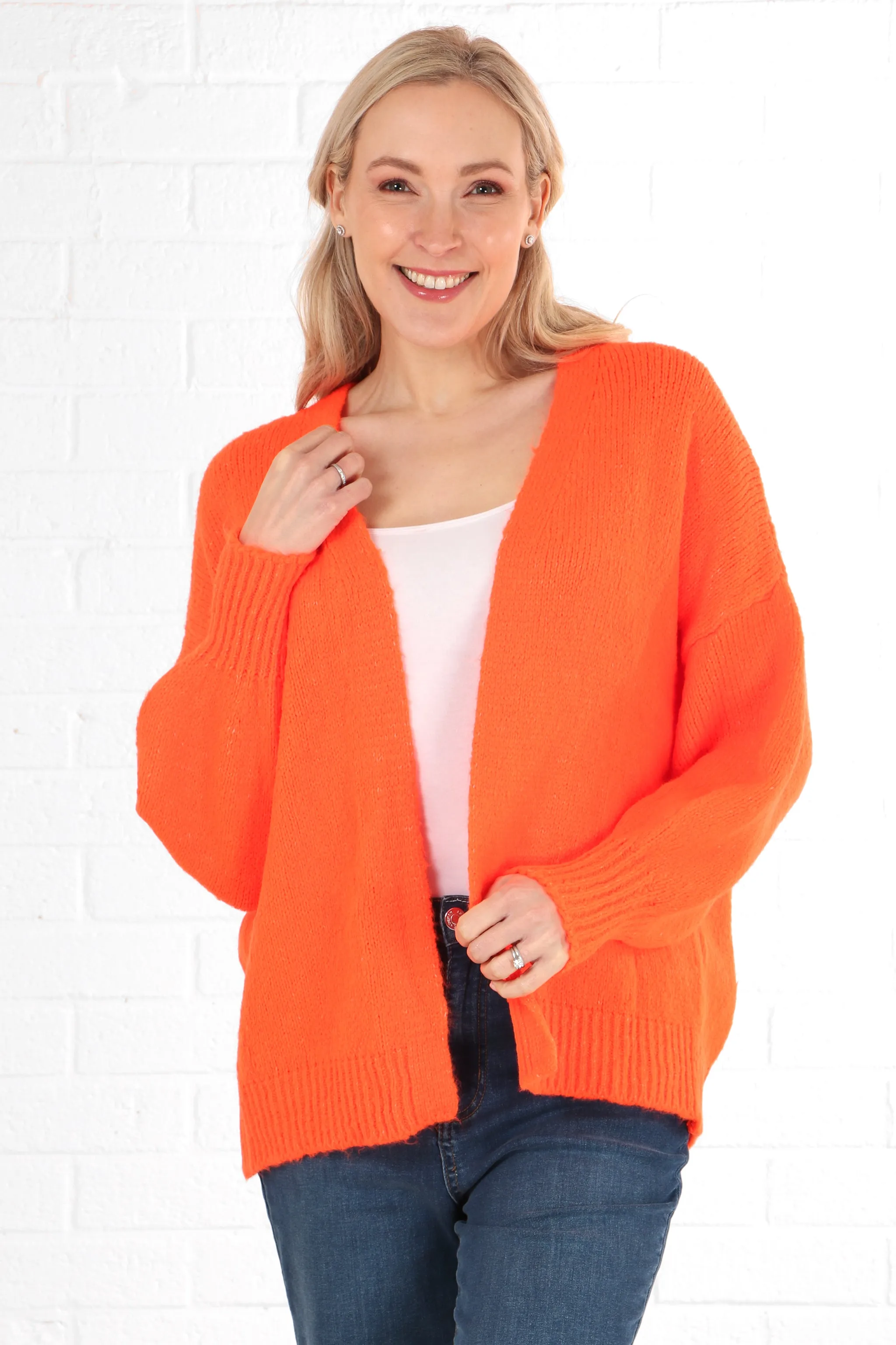 Plain Wool Blend Open Front Balloon Sleeve Cardigan in Neon Orange