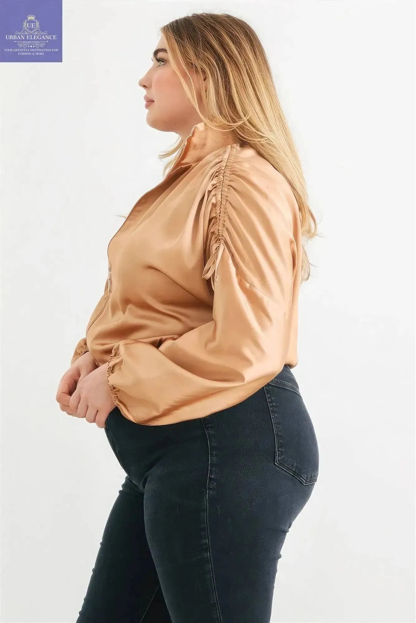 Plus Satin Ruched Cropped Bomber Jacket