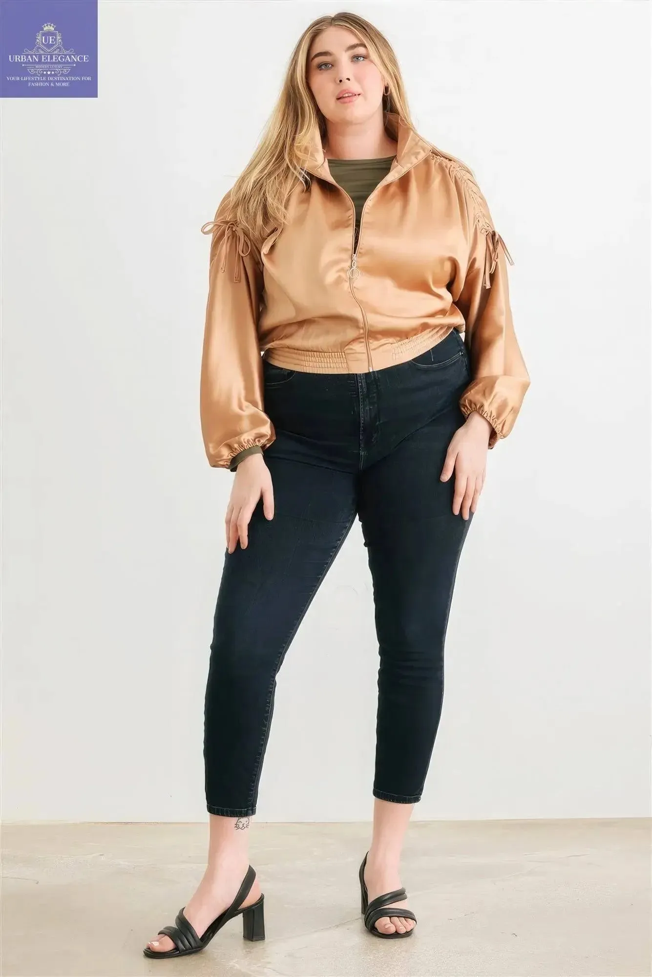 Plus Satin Ruched Cropped Bomber Jacket