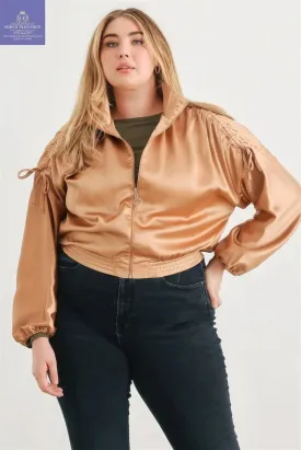 Plus Satin Ruched Cropped Bomber Jacket