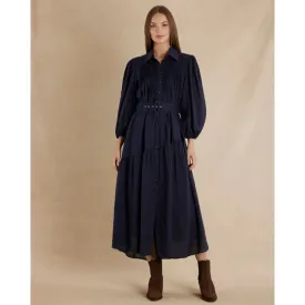 Poeta Ramie Pintuck Belted Dress | Navy
