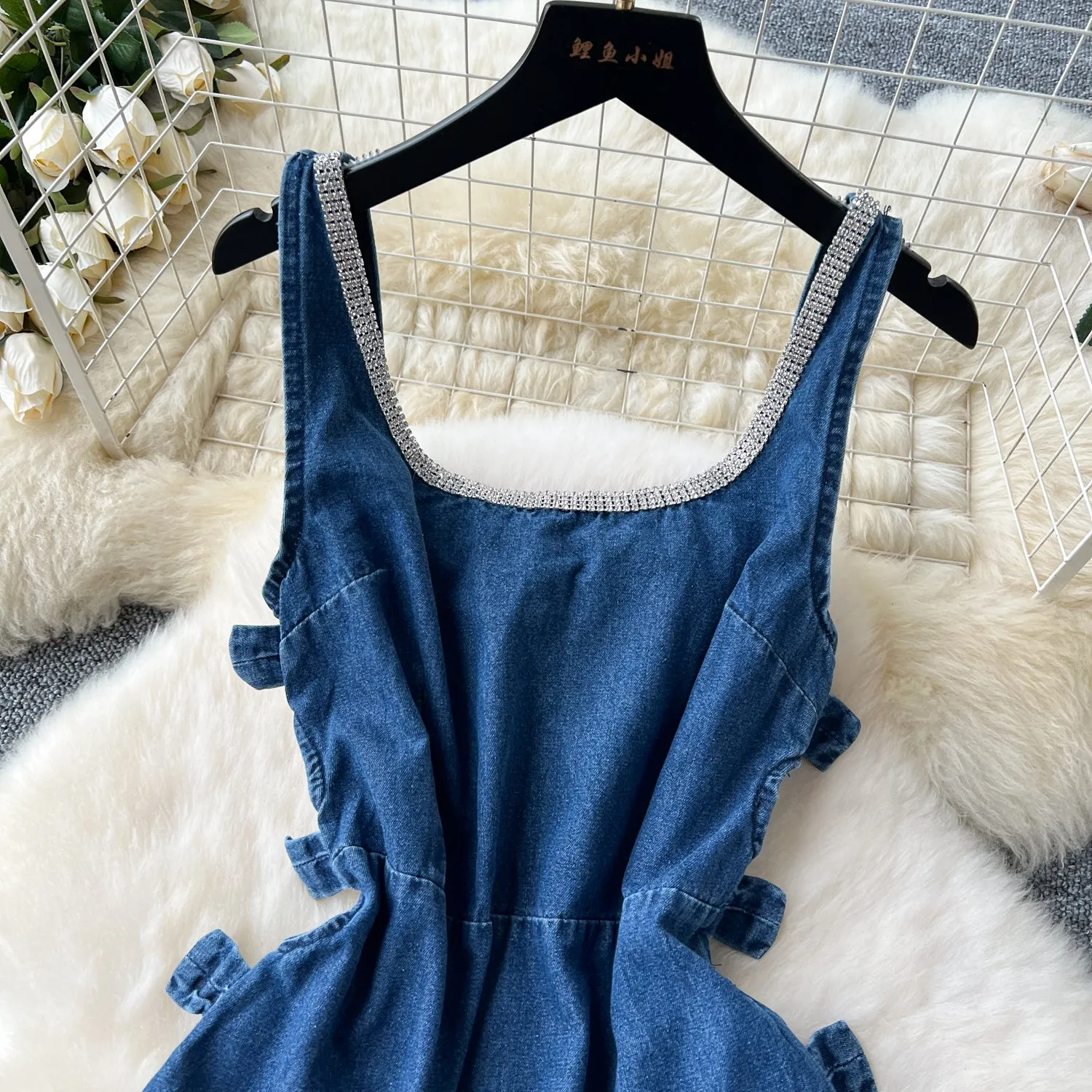 Rhinestone Neckline Denim Slip Dress