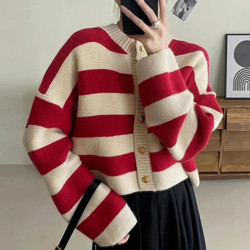 Round Neck Striped Knitted Button Up Loose Cardigan