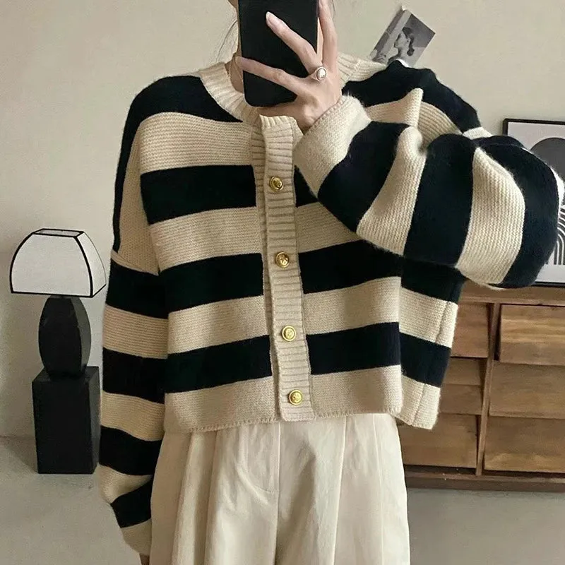 Round Neck Striped Knitted Button Up Loose Cardigan
