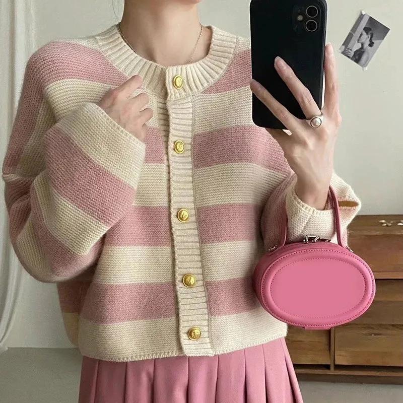 Round Neck Striped Knitted Button Up Loose Cardigan