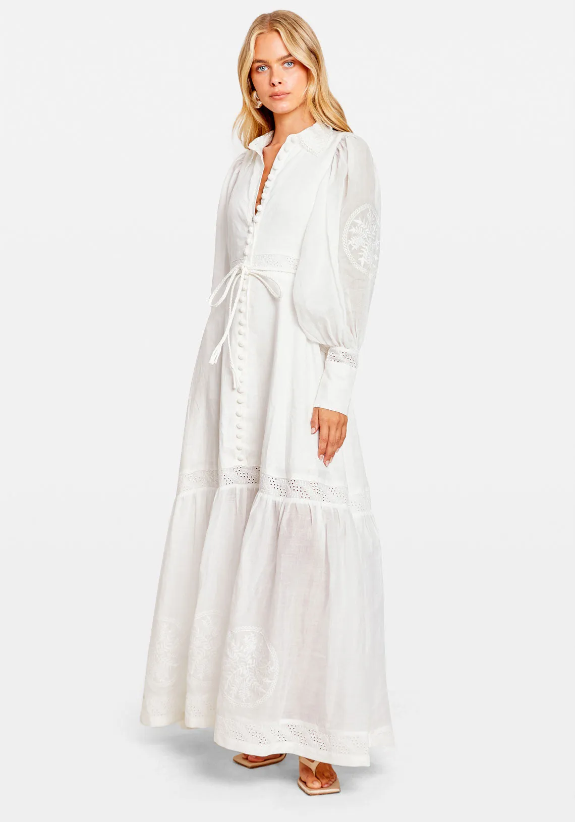 THEODORA LINEN RAMIE EMBROIDERY MAXI DRESS