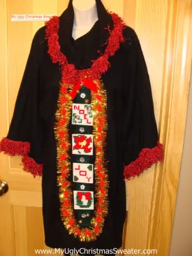 Ugly Christmas Sweater Party Tacky Dress with Super-Wide Sleeves and Festive Fringe (d44)