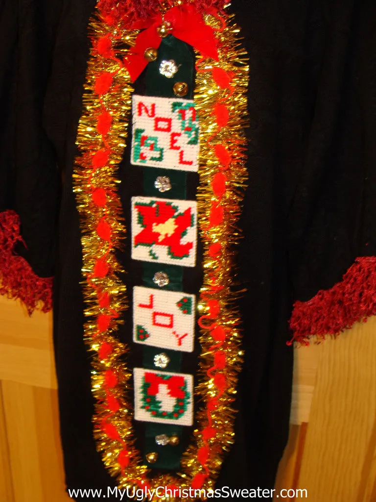 Ugly Christmas Sweater Party Tacky Dress with Super-Wide Sleeves and Festive Fringe (d44)