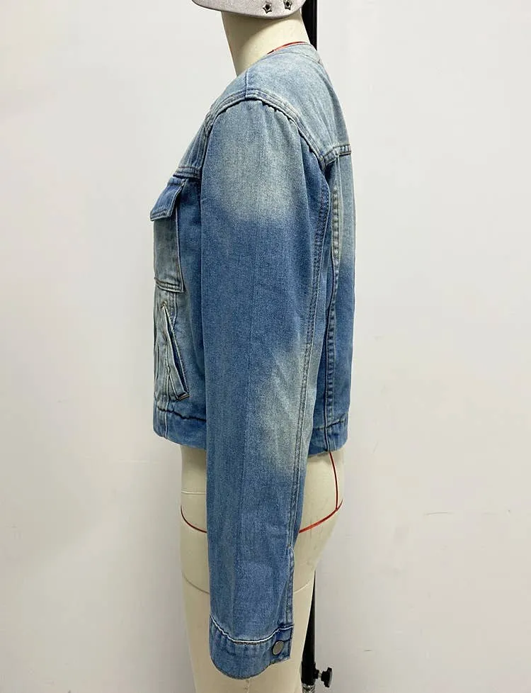 Vintage Blue Cropped Collarless Denim Jacket