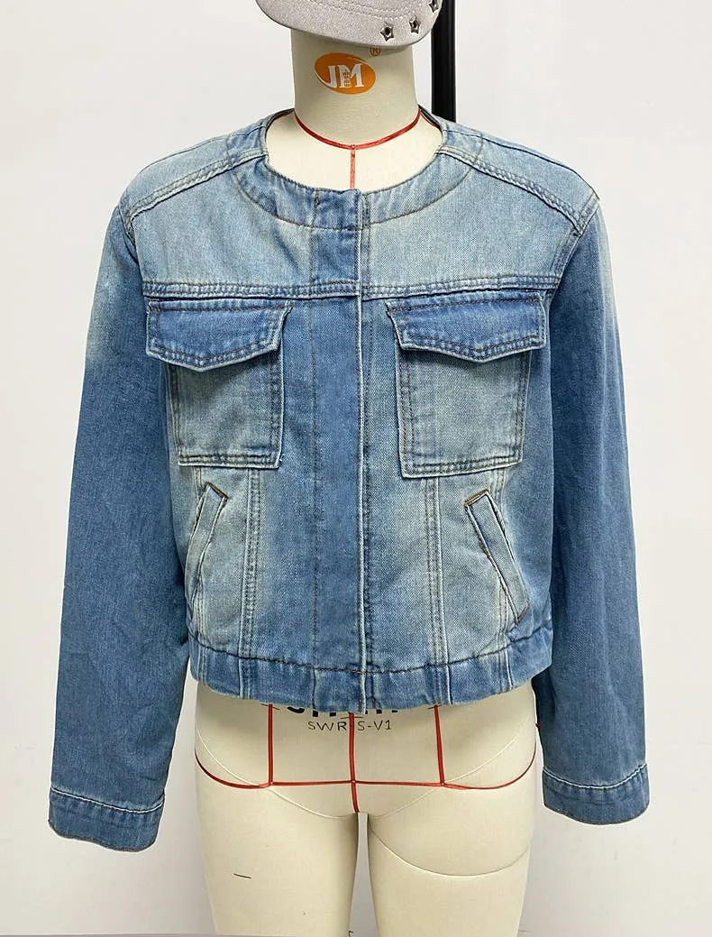 Vintage Blue Cropped Collarless Denim Jacket