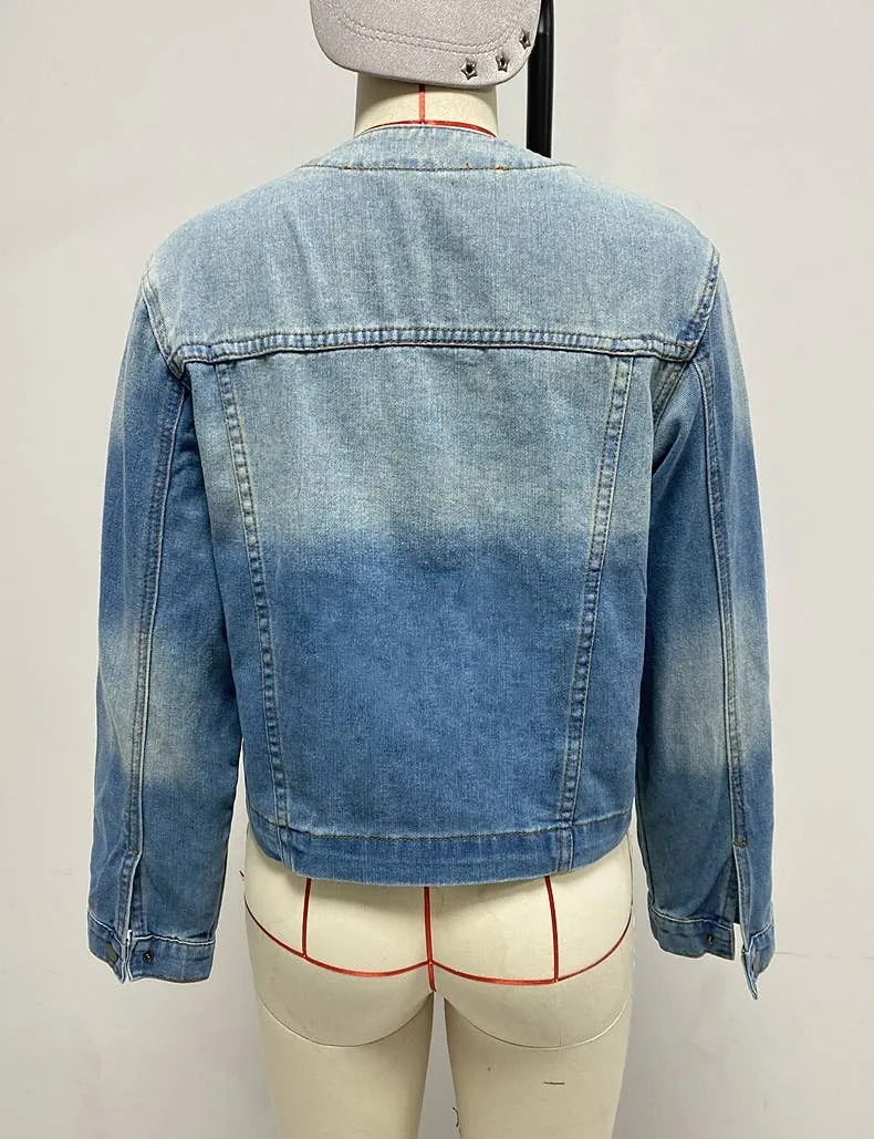 Vintage Blue Cropped Collarless Denim Jacket