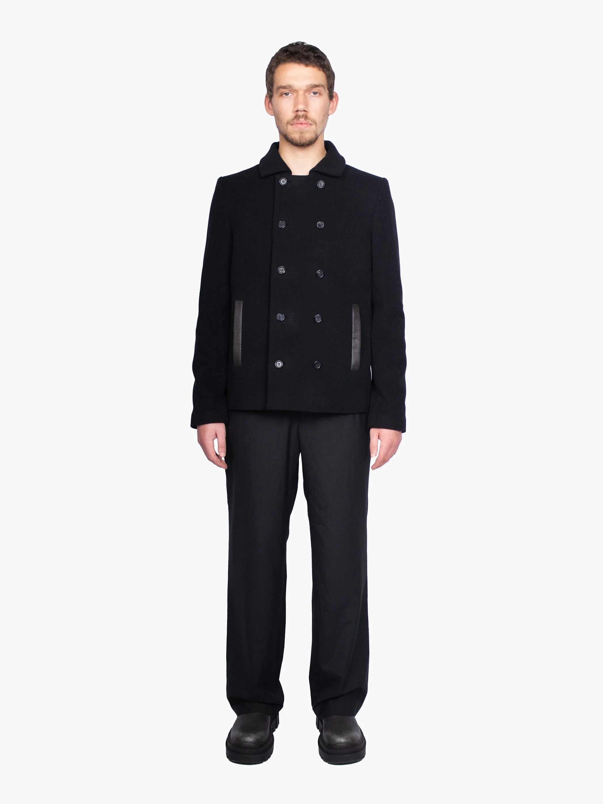 Woollen Cropped Jacket with Leather Pocket Accents