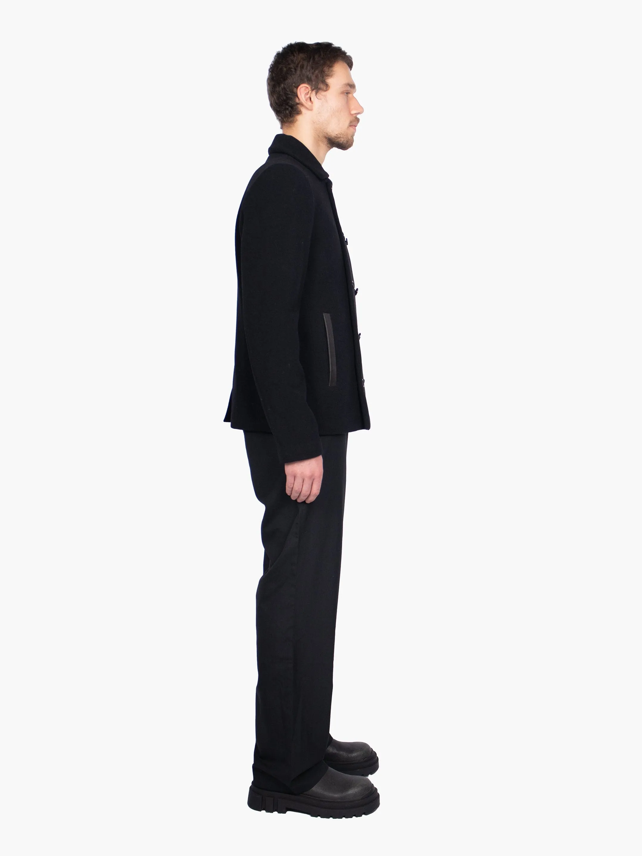 Woollen Cropped Jacket with Leather Pocket Accents