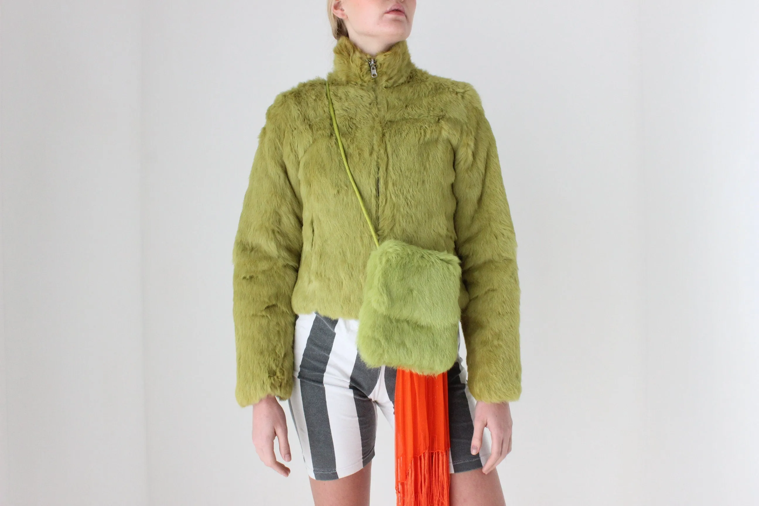 Y2K Real Rabbit Fur Cropped Bomber Jacket w/ Reversible Quilted Option & Matching Bag!