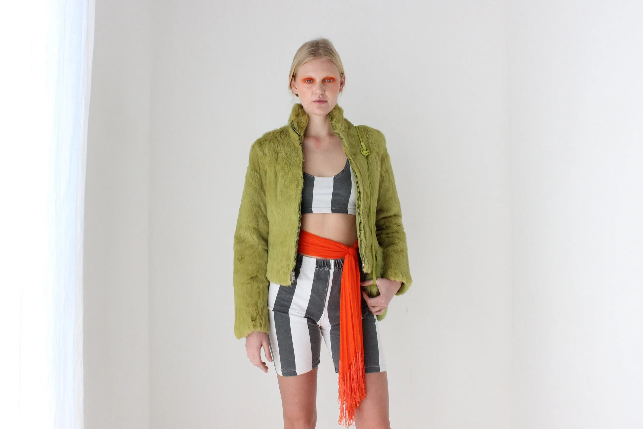 Y2K Real Rabbit Fur Cropped Bomber Jacket w/ Reversible Quilted Option & Matching Bag!