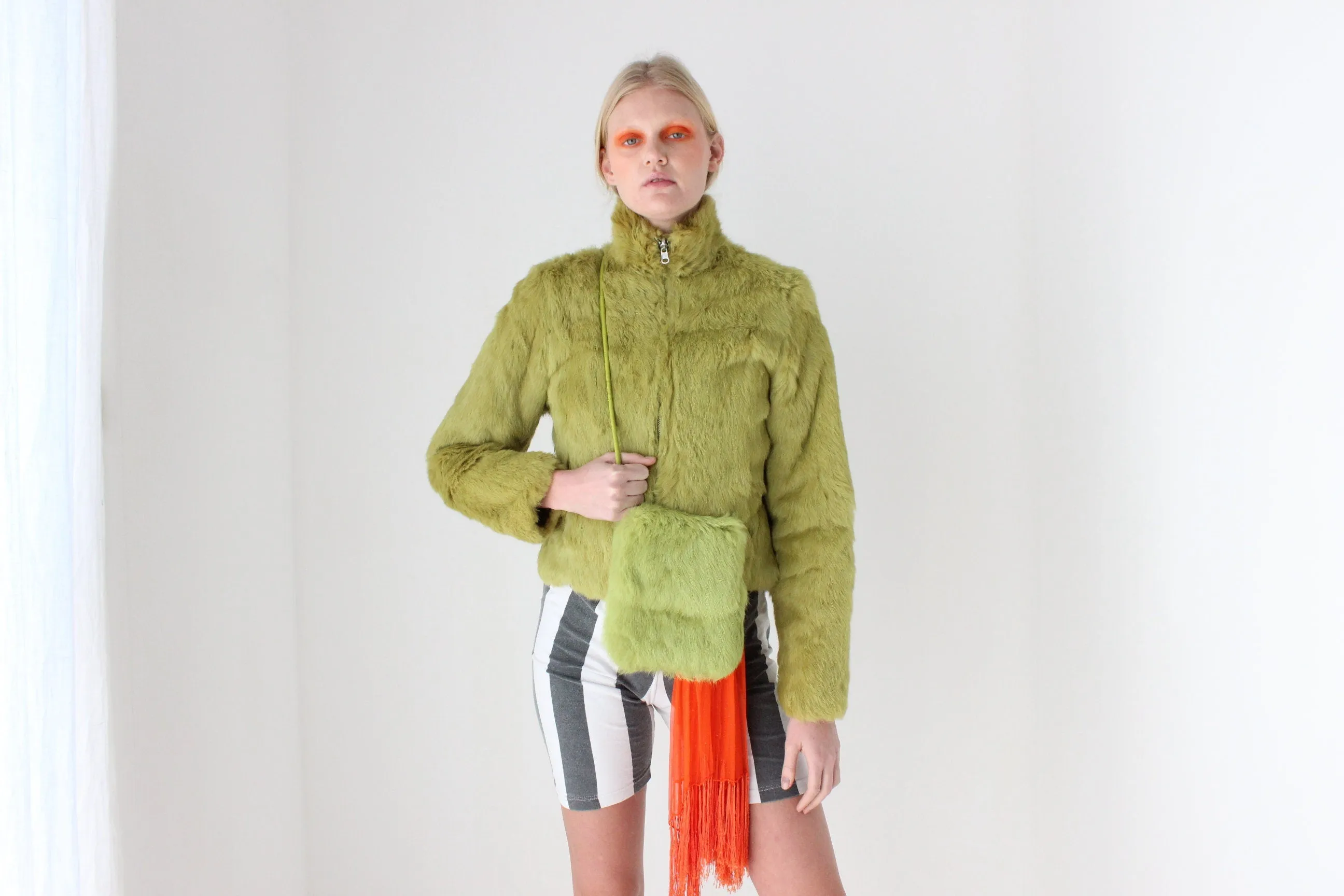 Y2K Real Rabbit Fur Cropped Bomber Jacket w/ Reversible Quilted Option & Matching Bag!
