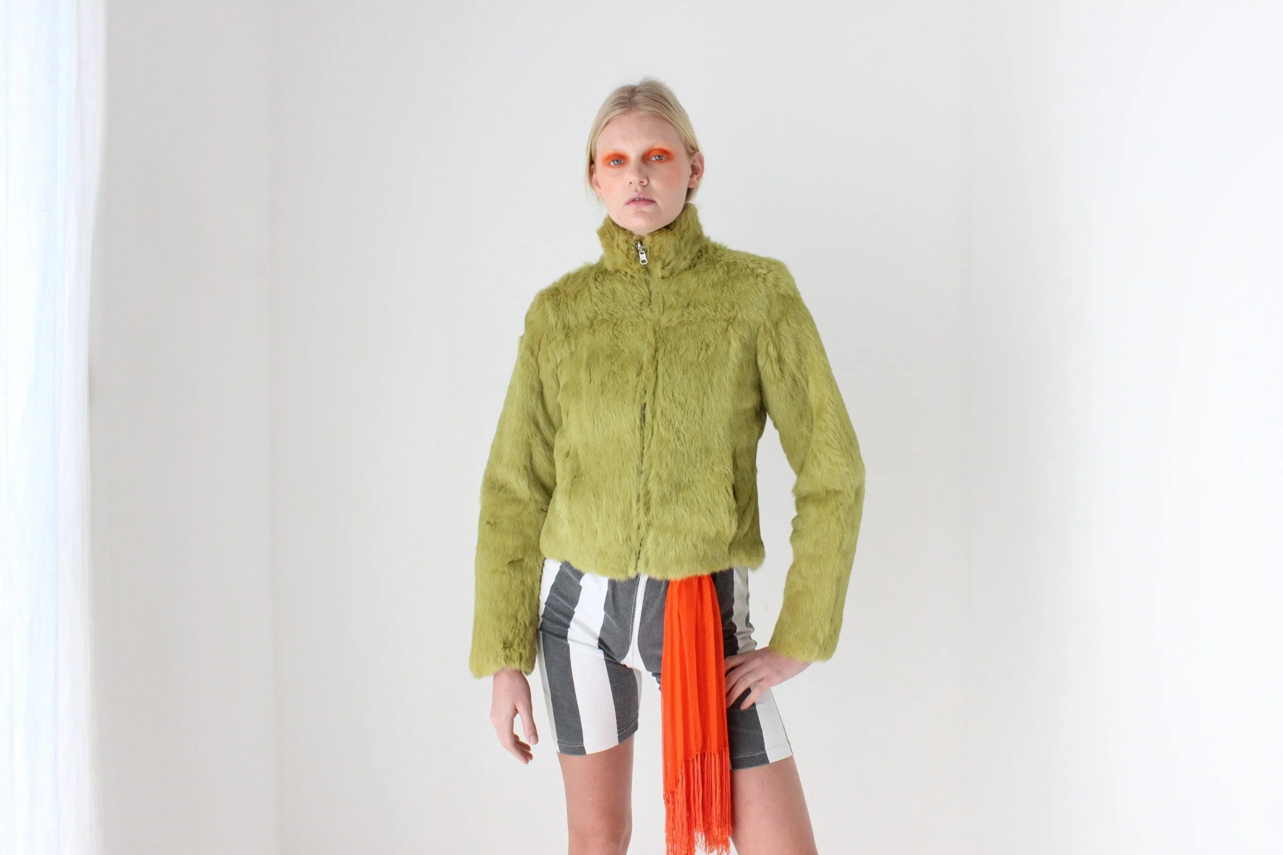 Y2K Real Rabbit Fur Cropped Bomber Jacket w/ Reversible Quilted Option & Matching Bag!