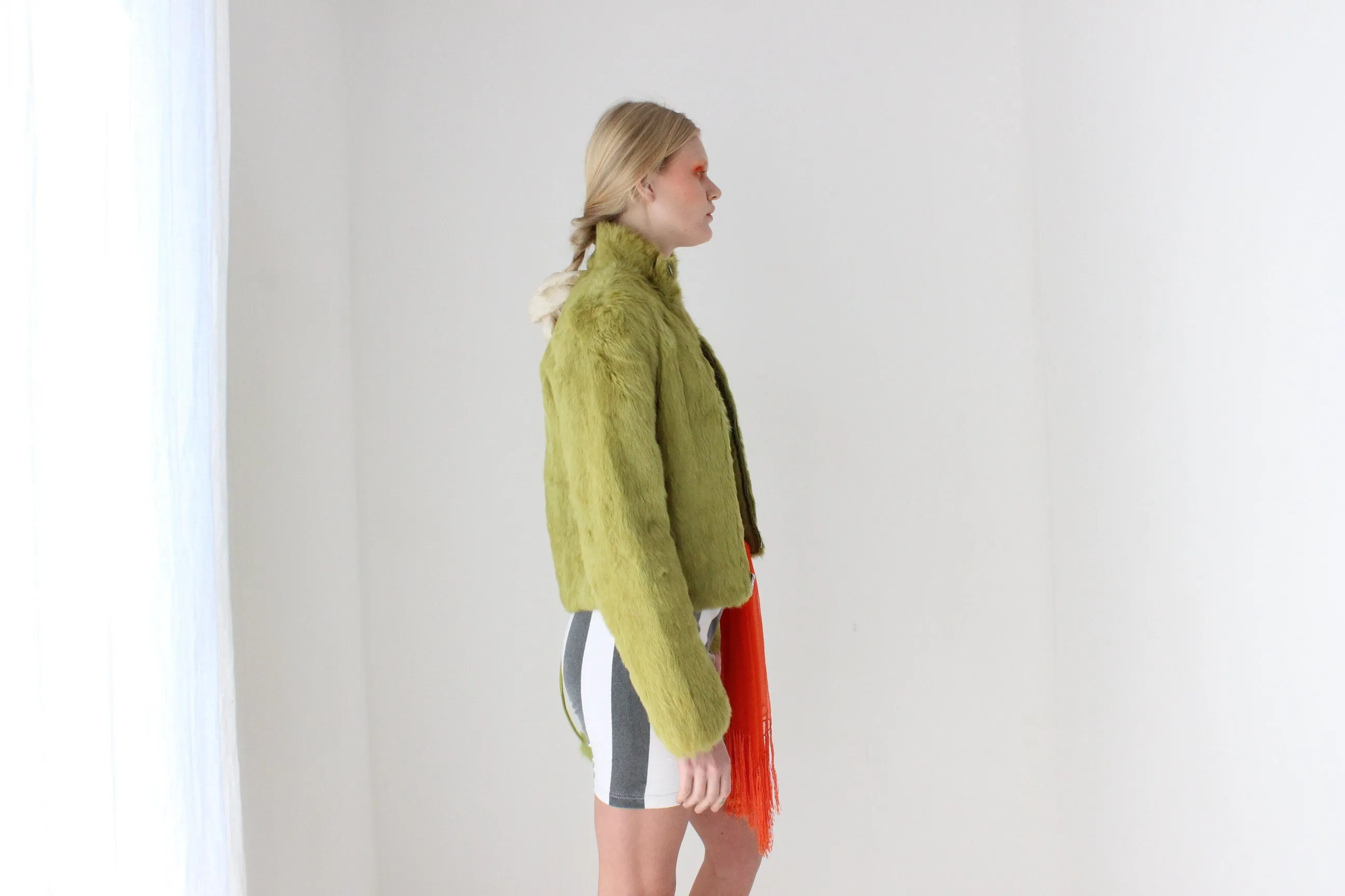 Y2K Real Rabbit Fur Cropped Bomber Jacket w/ Reversible Quilted Option & Matching Bag!
